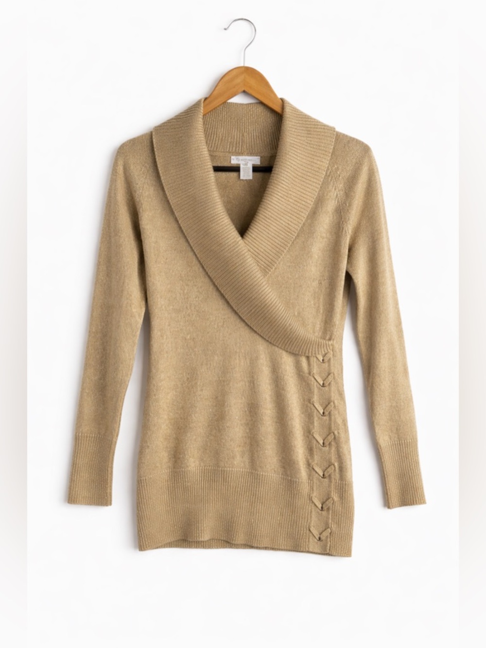 Cache Wrap Sweater Small Beige Shawl Collar Y2K Glam Quiet Luxury Knit Top